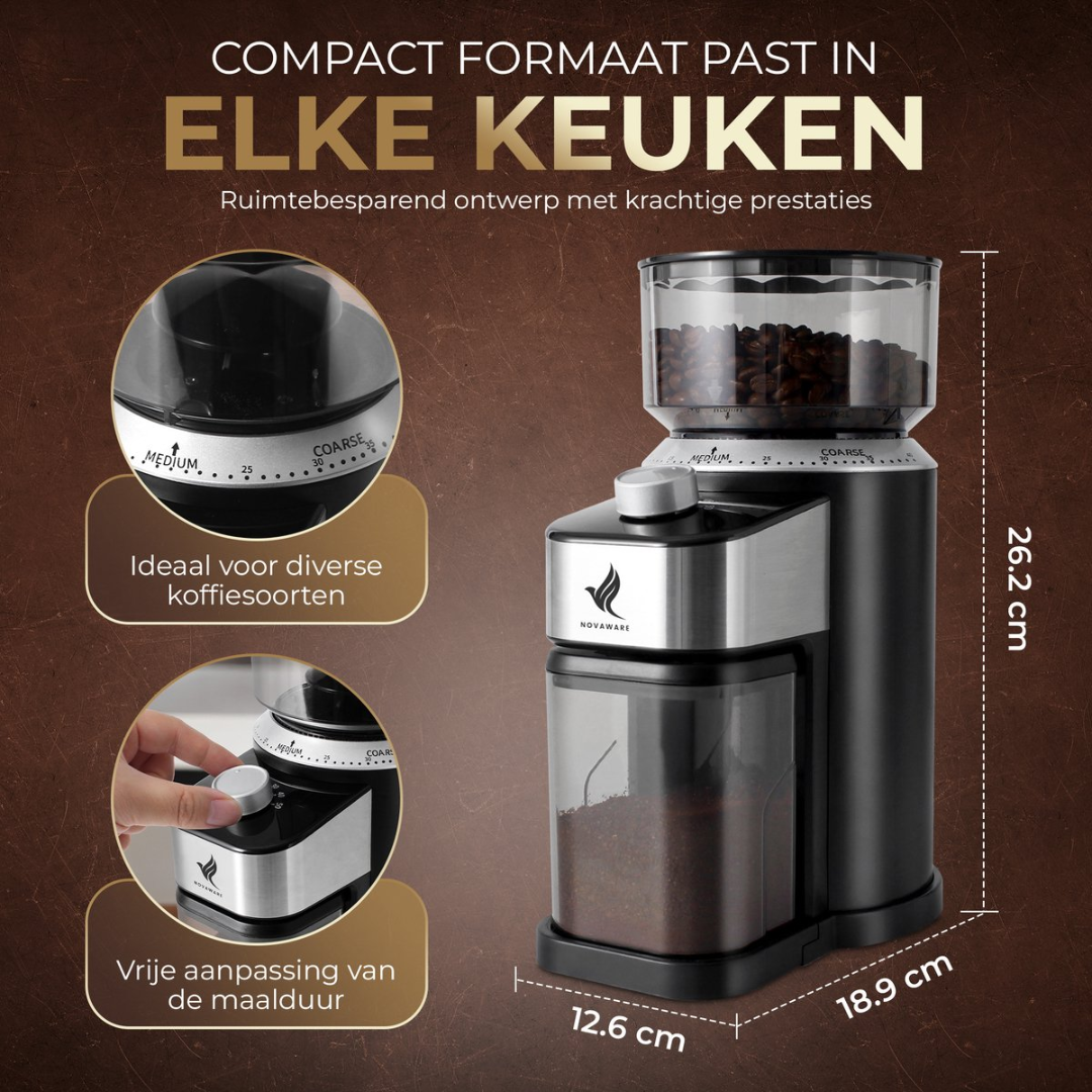 Coffee grinder with bean and grounds containers; dimensions shown.
