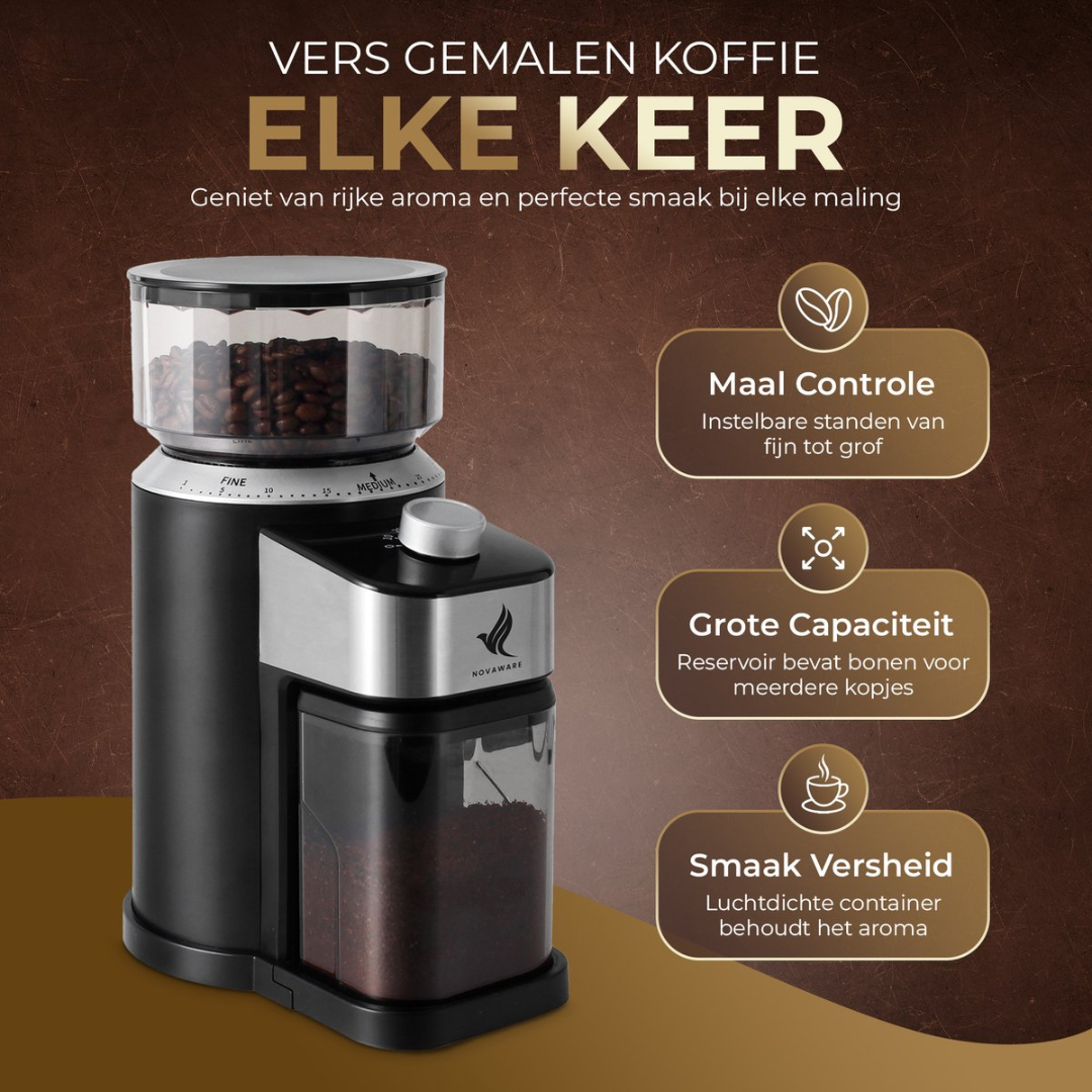 A black coffee grinder with silver accents, holding beans and ground coffee.