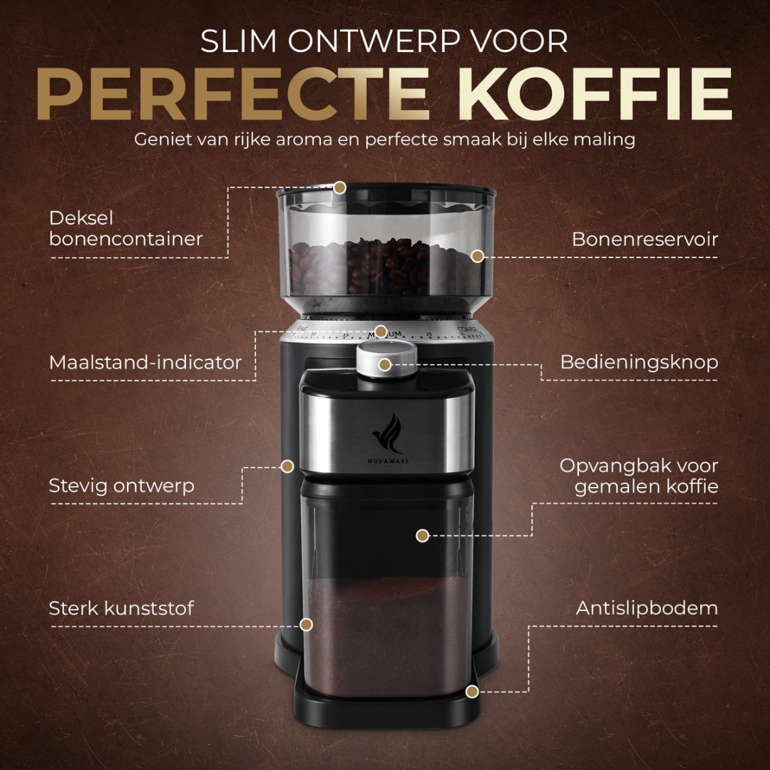 Coffee grinder with bean hopper, grind setting indicator and grounds container.