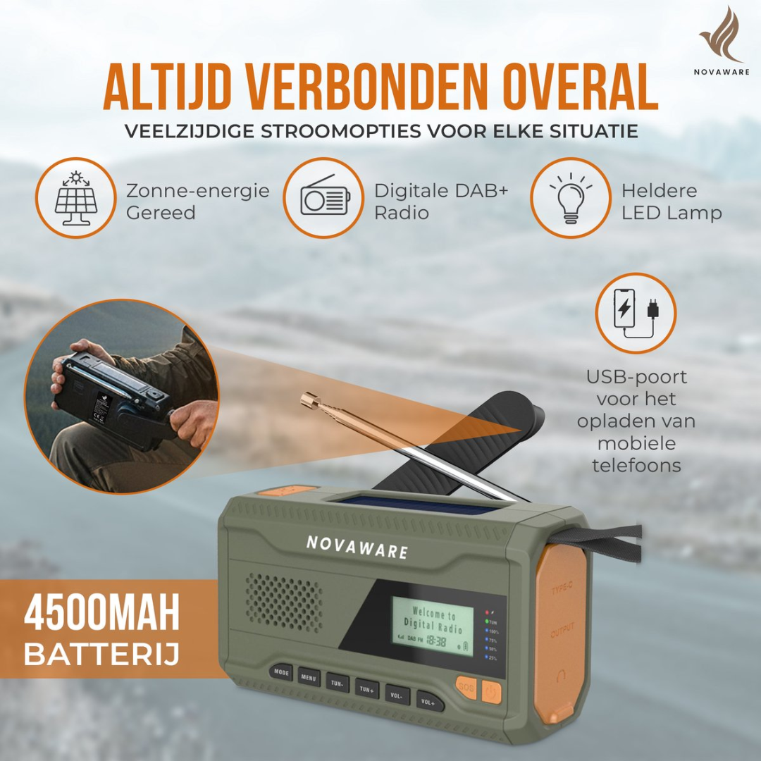 A rugged, green emergency radio with solar panel, DAB+, LED lamp, and USB charging port.