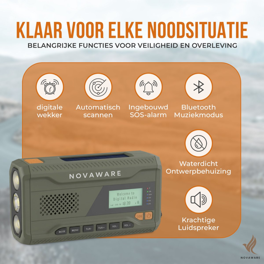 Green emergency radio with flashlights, solar panel, and features like alarm clock, SOS.