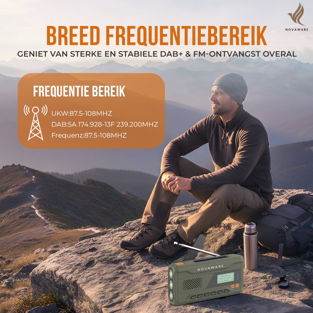 Man sits on a rock with a radio. Wide frequency range.