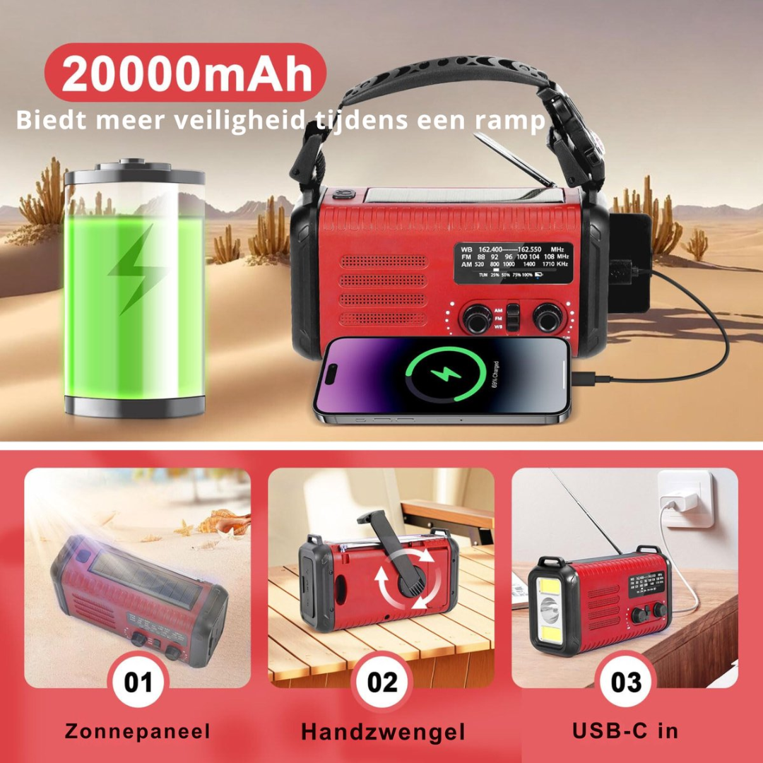 A red emergency radio with solar panel, crank, and USB-C charger, next to a phone.