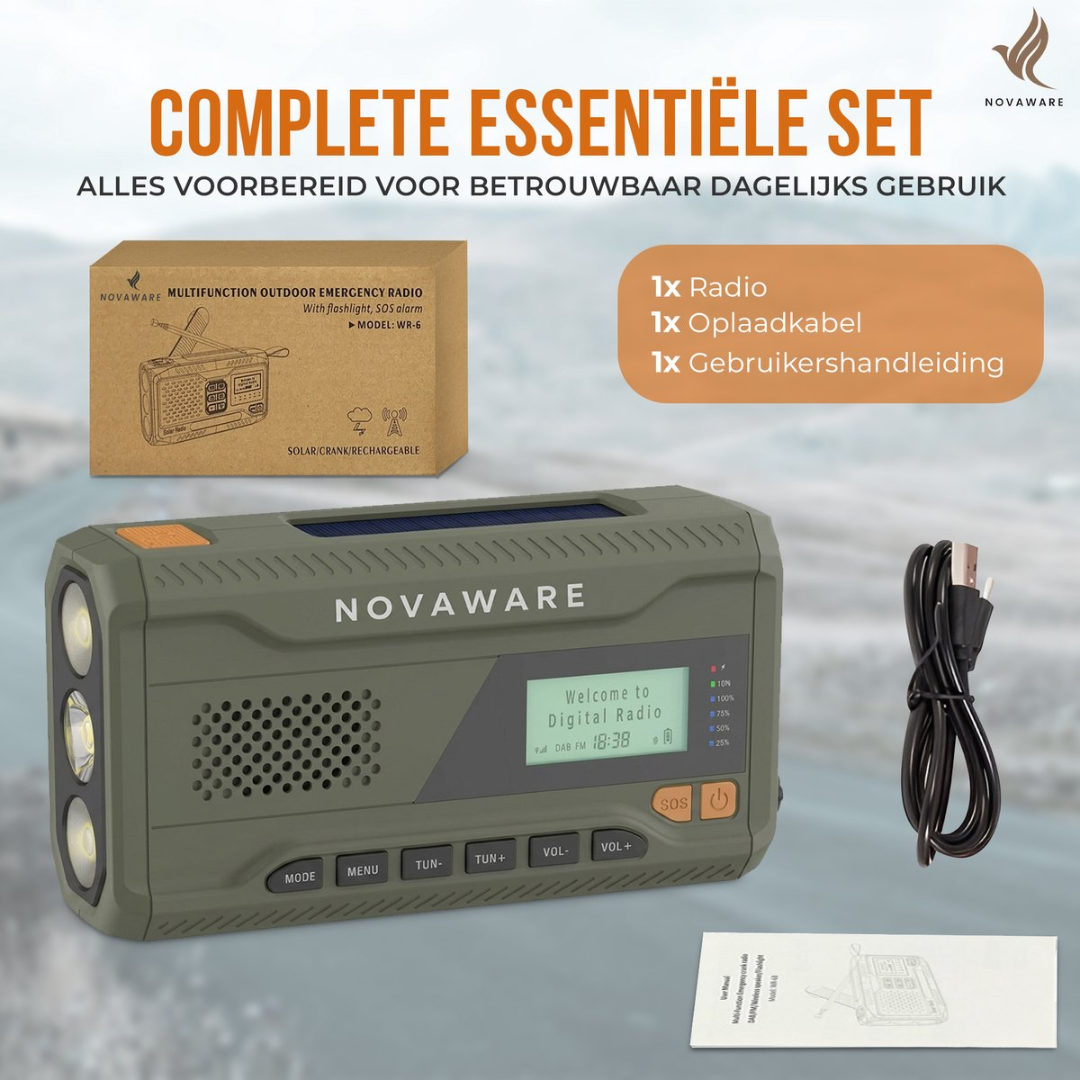 Green emergency radio with solar panel, flashlight, crank, and charging cable.