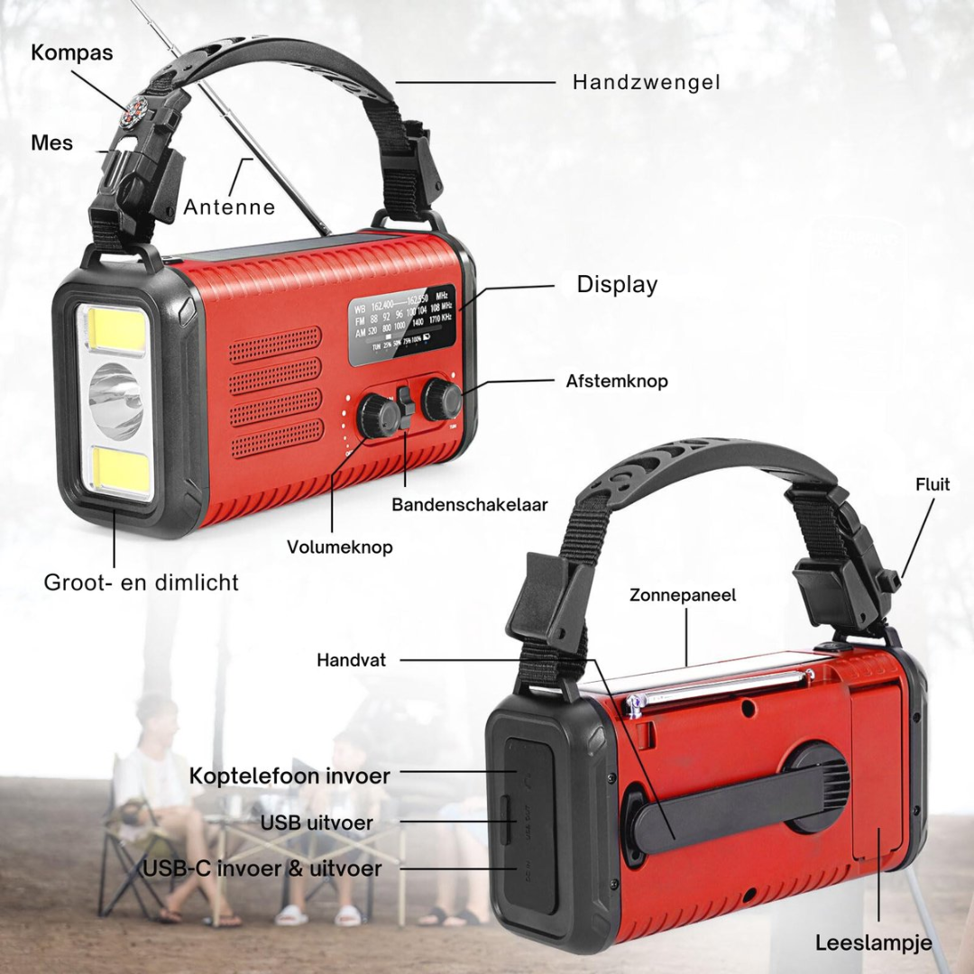 Red multi-function radio with solar panel, crank, light, and compass.