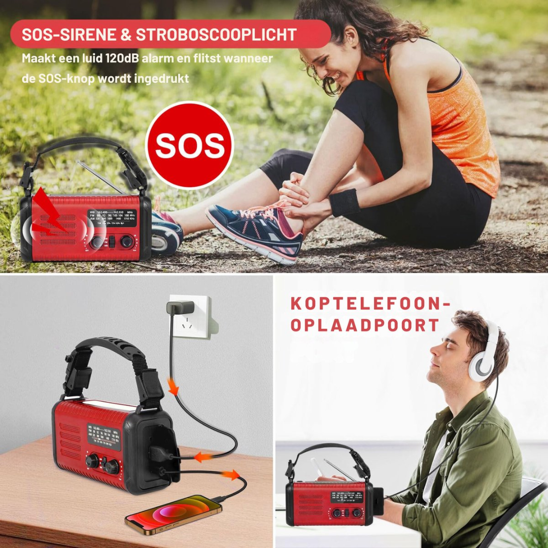 A red emergency radio with SOS siren, charging function, and headphone jack.