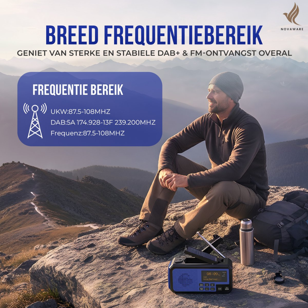 Man sits on mountain rocks with a radio. Wide frequency range.