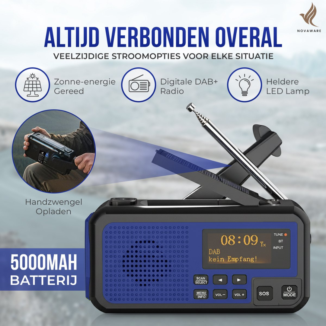 A blue and black DAB+ radio with a kickstand and antenna, featuring solar and crank charging options.