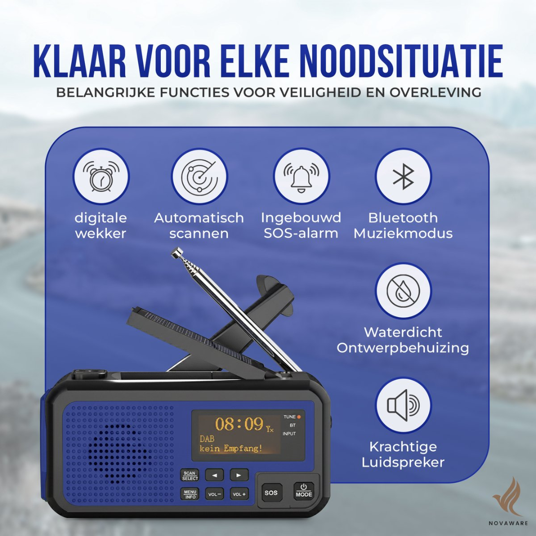 A radio with features like alarm, SOS alarm, and Bluetooth. It is waterproof.