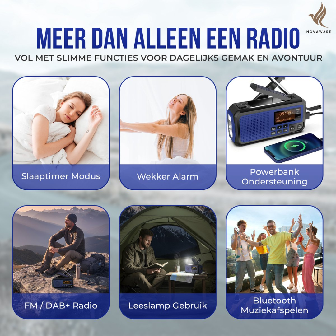 A radio with sleep timer, alarm, powerbank, DAB radio, reading lamp, and Bluetooth.