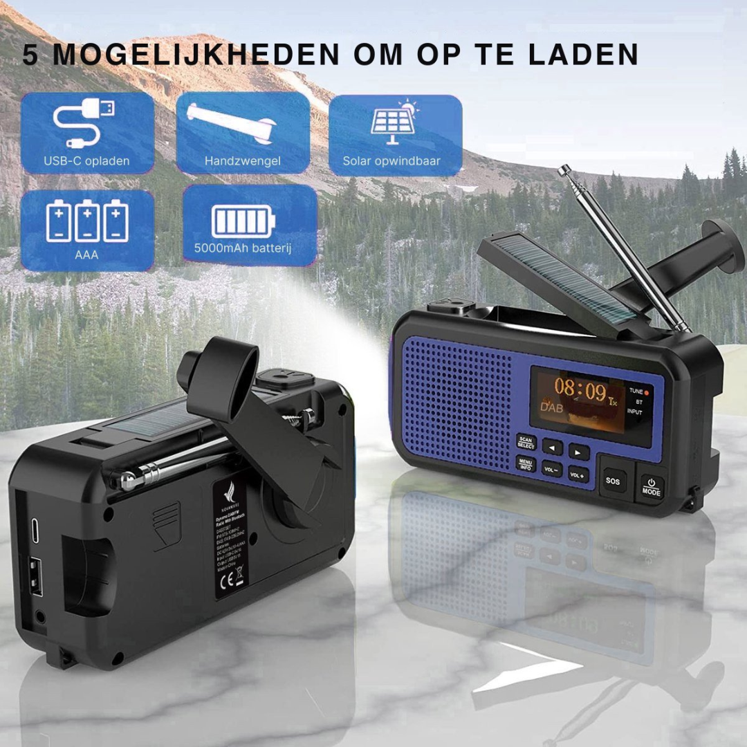 Two crank radios with solar panels and charging options: USB-C, AAA, 5000mAh.