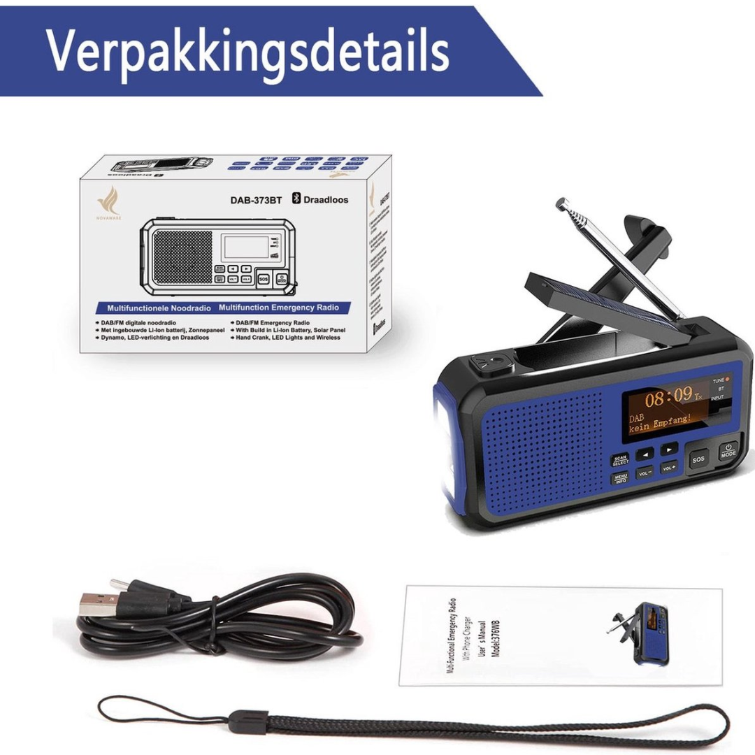 Emergency radio with solar panel, hand crank, and LED light. Includes USB cable.