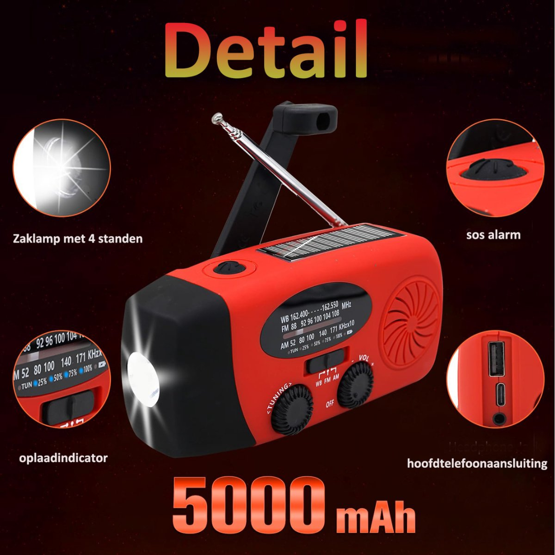 Red hand-crank radio with solar panel, flashlight, SOS alarm, and 5000 mAh battery.