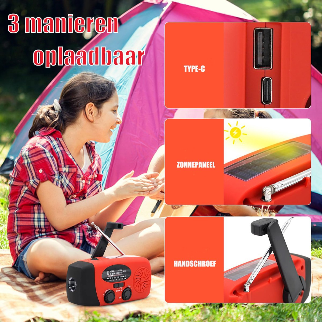 Girl by tent with crank radio showing Type-C, solar, and hand crank charging.