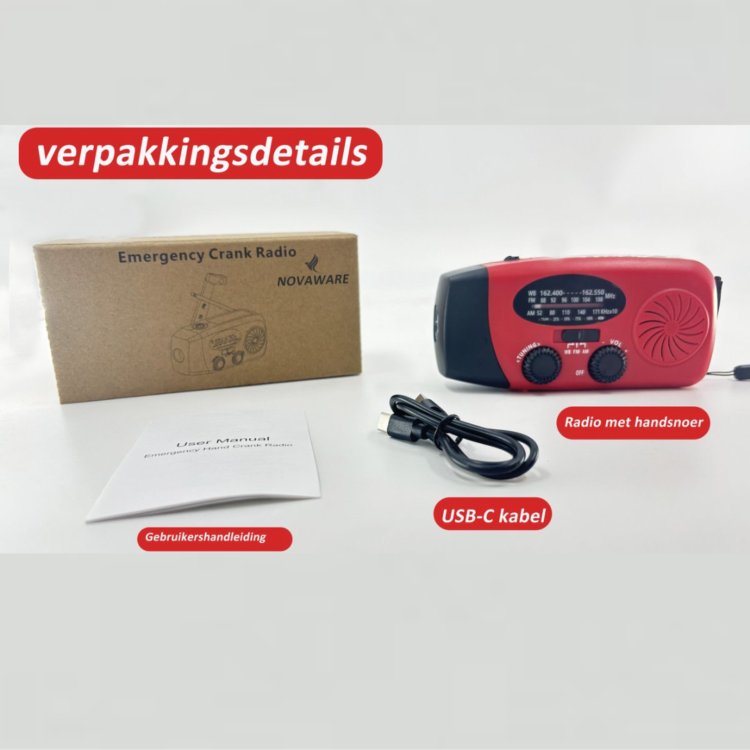 A red emergency crank radio with accessories: box, manual, USB-C cable.