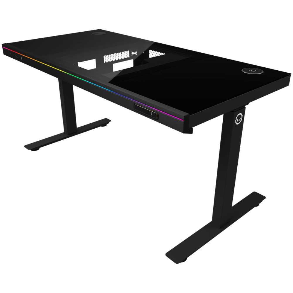 Czarny stół gamingowy z oświetleniem RGB i regulowanymi nogami.