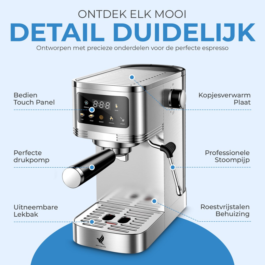 Stainless steel espresso machine with touch panel, steam wand, and cup warmer.
