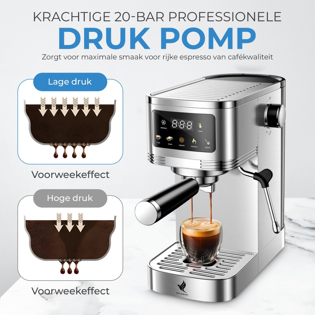 Silver espresso machine with two diagrams of coffee grounds and pressure.