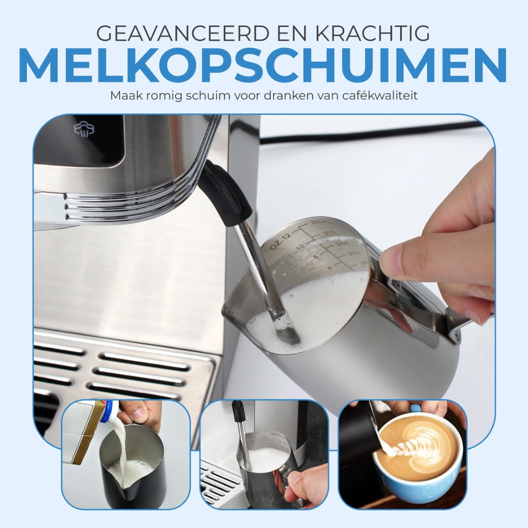 A steam wand froths milk in a metal pitcher next to a coffee machine.