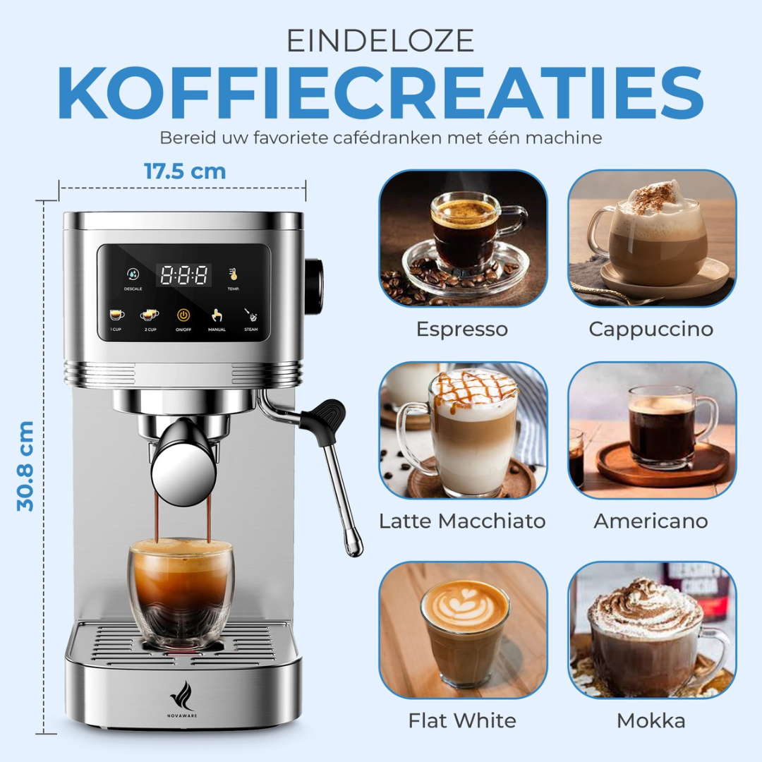 A silver coffee machine with six coffee variations beside it.