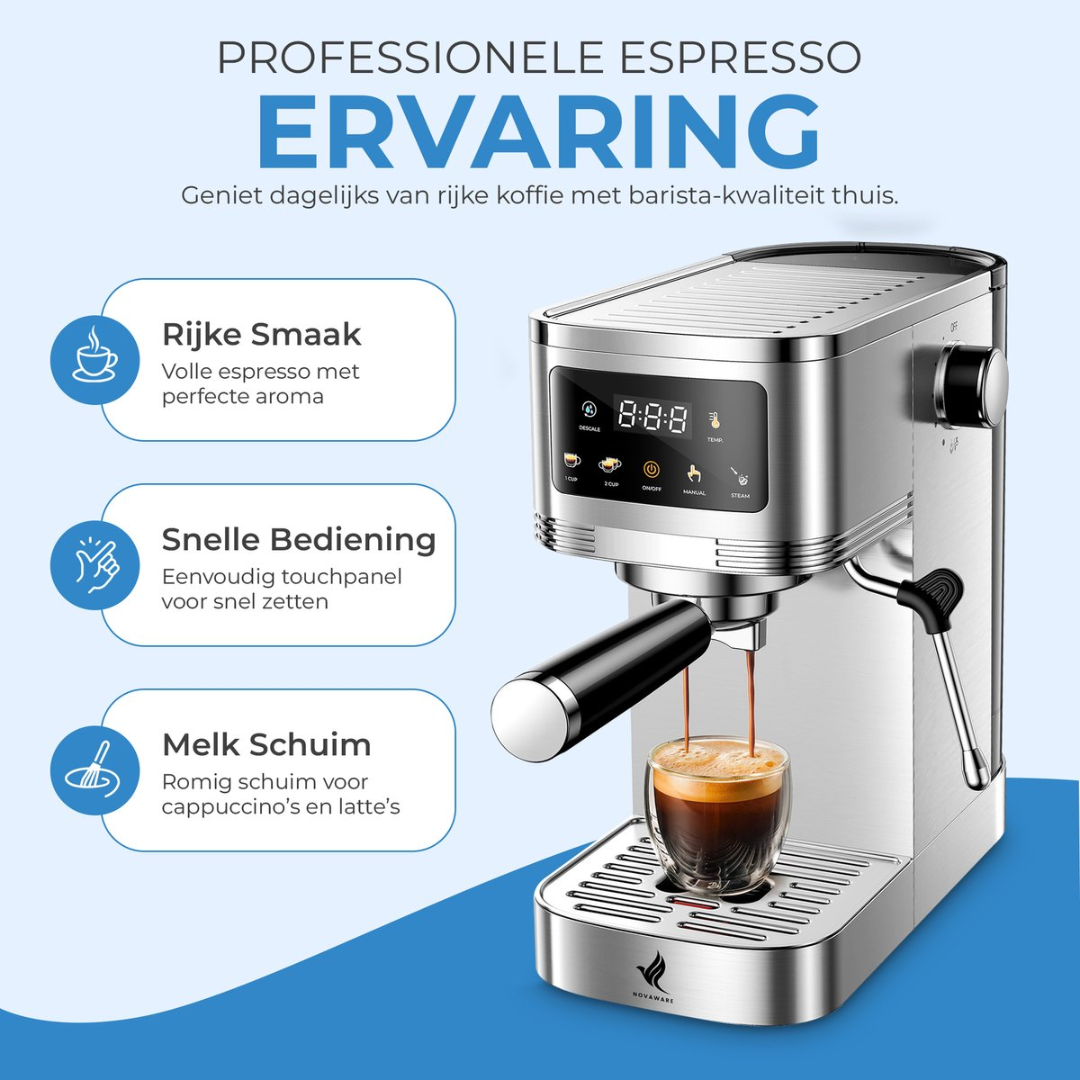 Silver espresso machine brewing coffee into glass; text about taste, operation, milk foam.