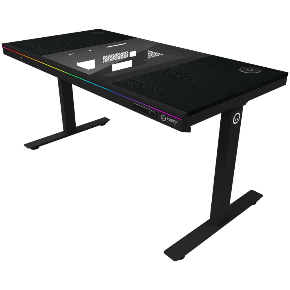 Czarny biurko gamingowe z oświetleniem RGB, szklanym blatem i metalowymi nogami.