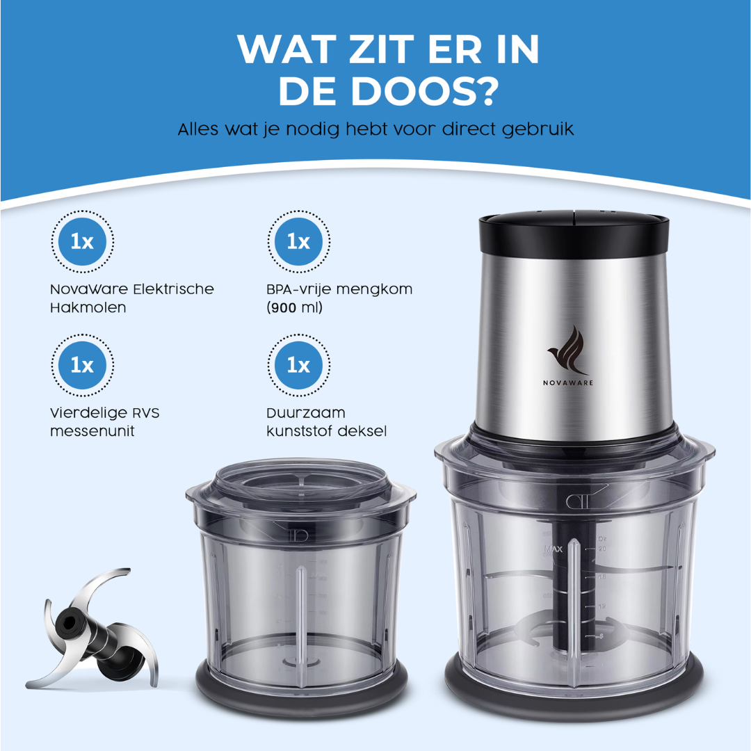 NovaWare elektrische hakmolen met accessoires: kom, deksel, messen en motor.