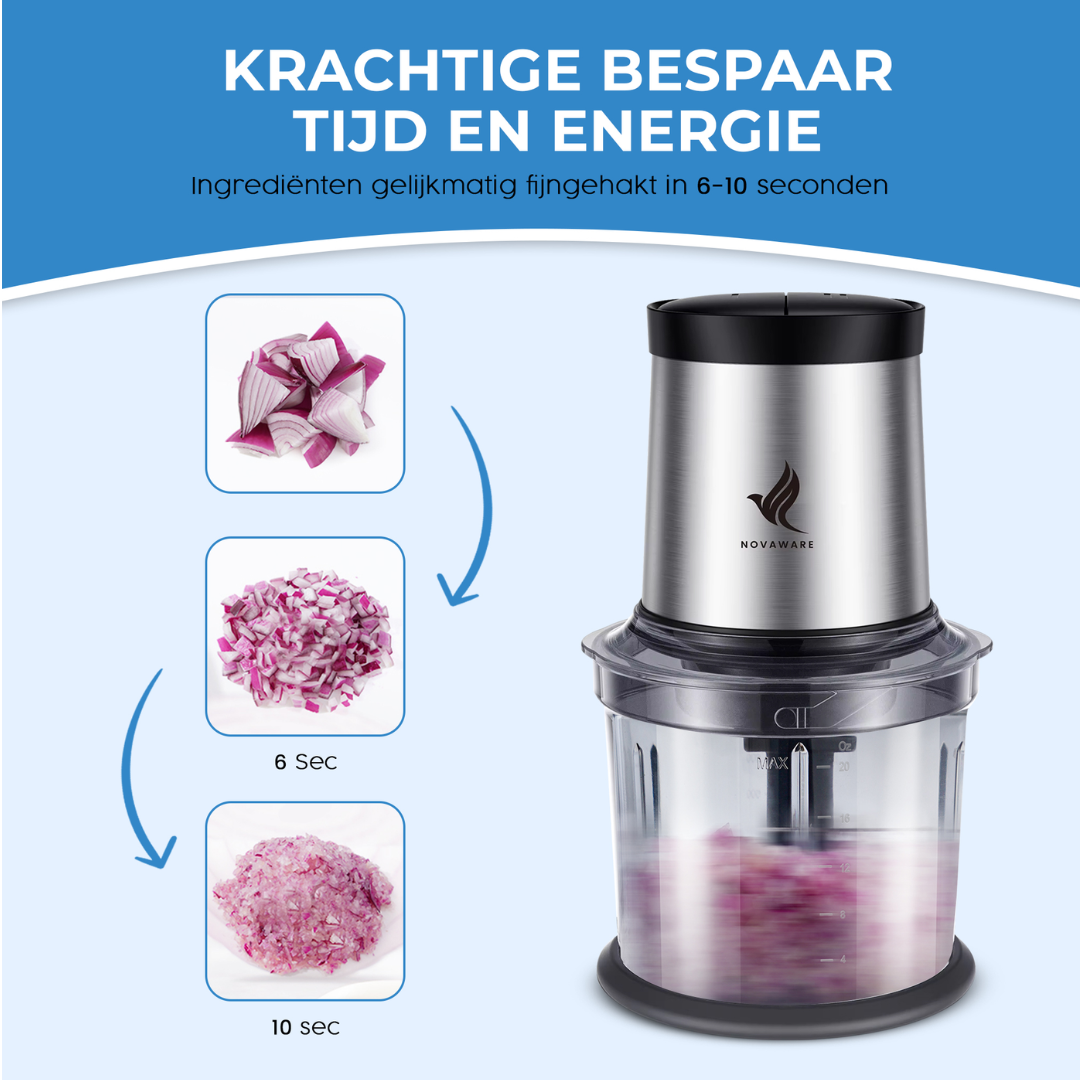 Een keukenmachine hakt rode uien in 6-10 seconden.