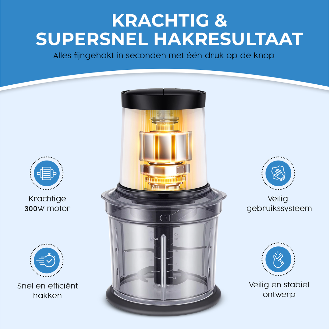 Een krachtige 300W hakmolen met transparante kom en gedetailleerd motoroverzicht.