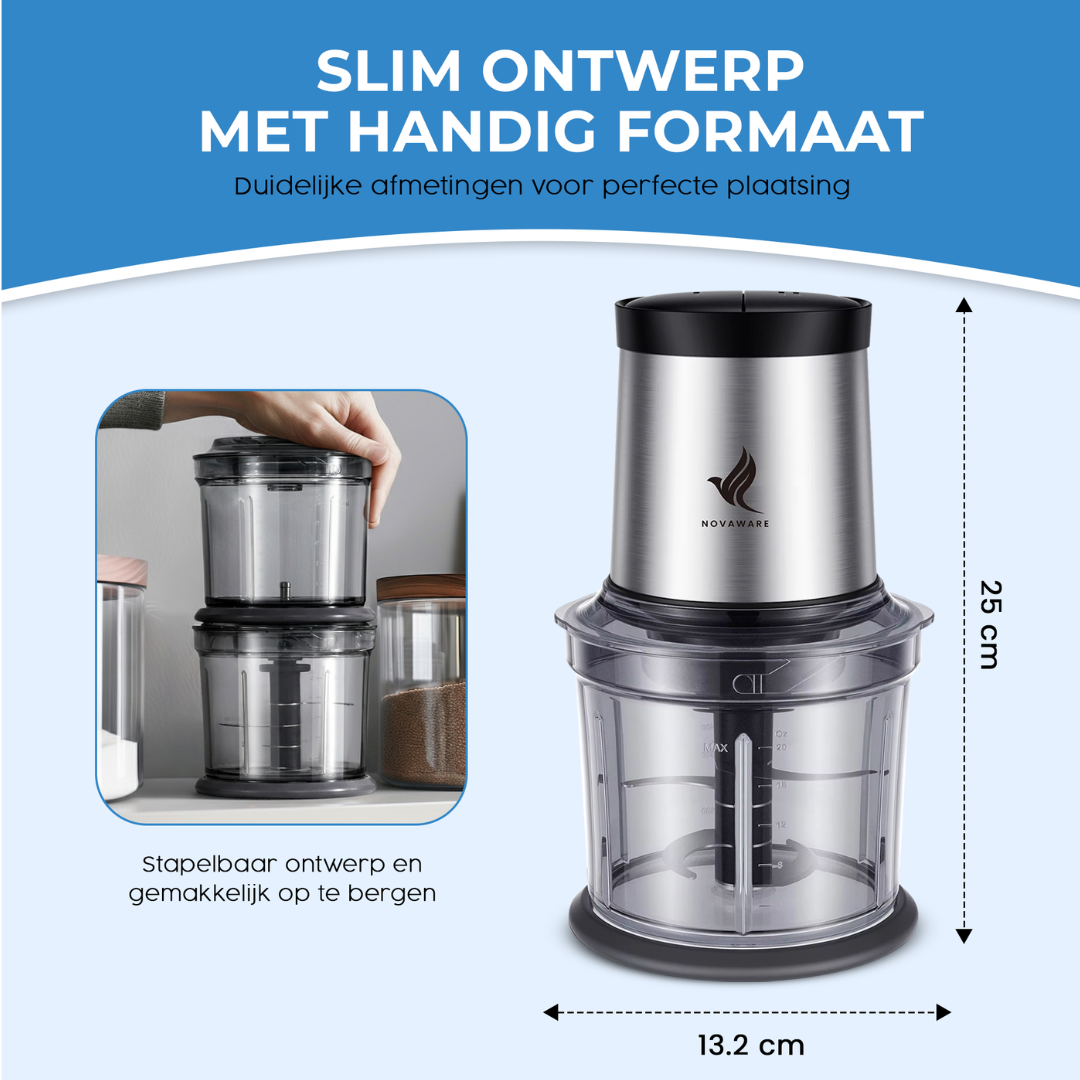 Een compacte keukenmachine van 25 cm hoog en 13,2 cm breed.