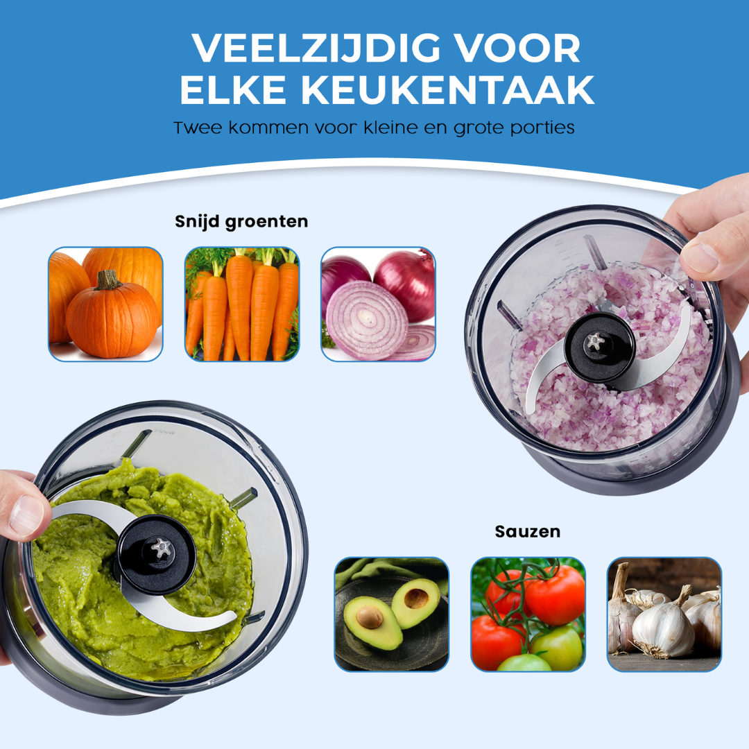 Keukenmachine met versnipperde uien en gepureerde avocado. Toont pompoenen, wortels, uien, avocado, tomaten en knoflook.