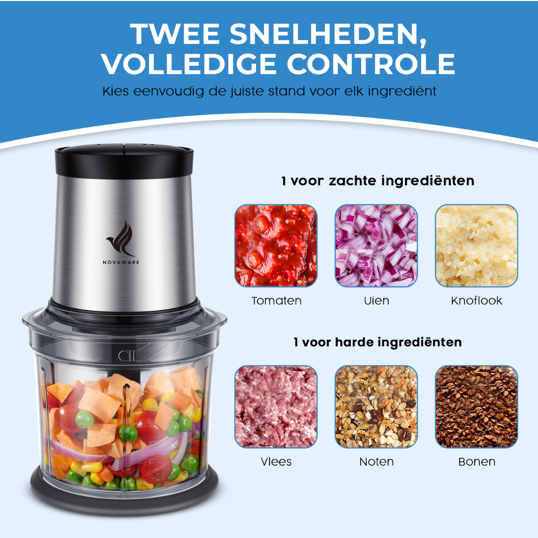 Keukenmachine met ingrediënten: tomaten, uien, knoflook, vlees, noten, bonen.