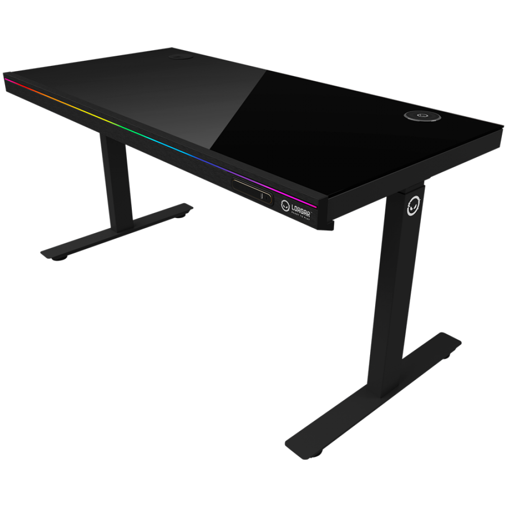 Czarny biurko z oświetleniem RGB i metalowymi nogami.