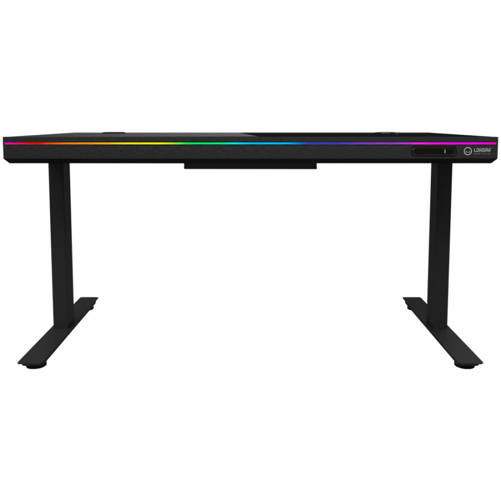 Czarny biurko gamingowe z oświetleniem RGB i metalowymi nogami.