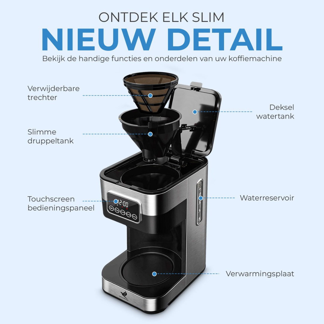 Coffee maker with removable filter basket, water tank lid, and touchscreen.