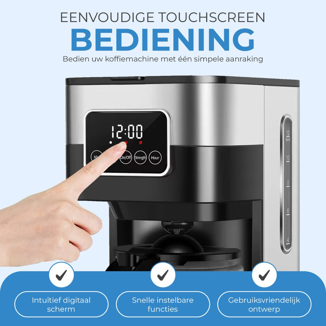 A hand touches the touchscreen of a coffee machine with a digital display.