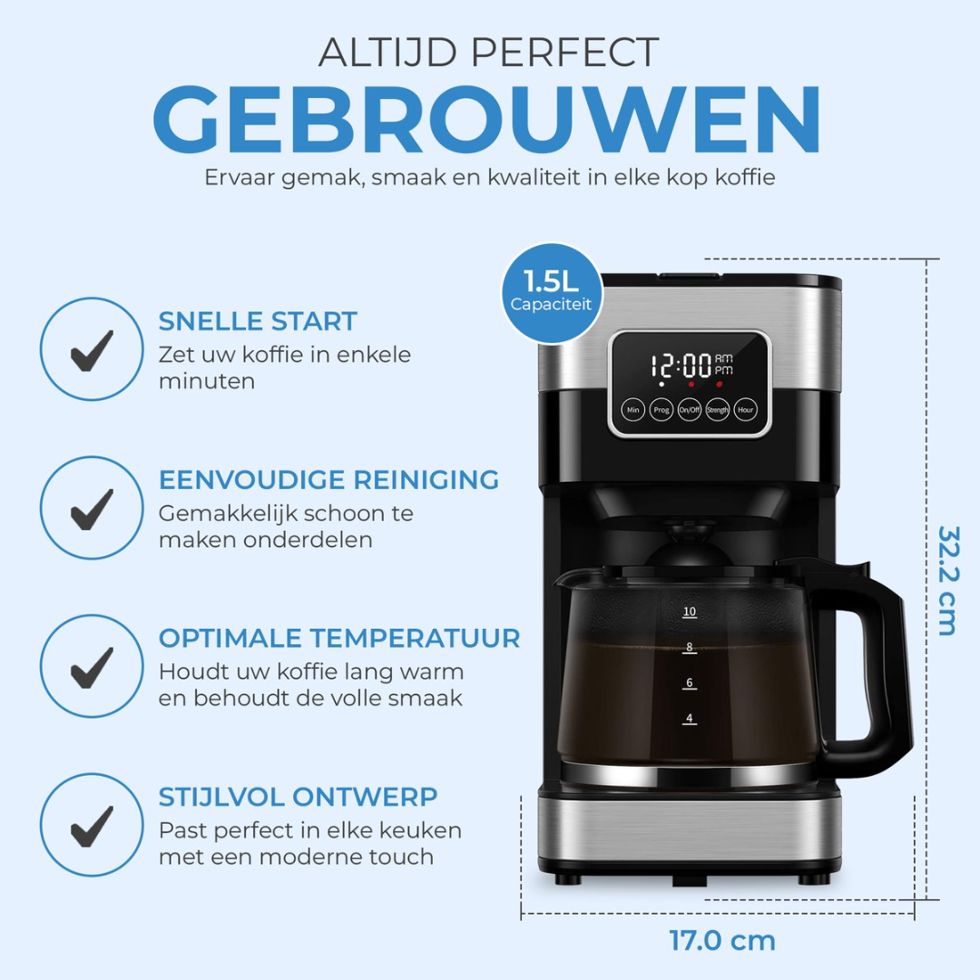 Coffee maker with 1.5L capacity, digital display, and glass carafe.