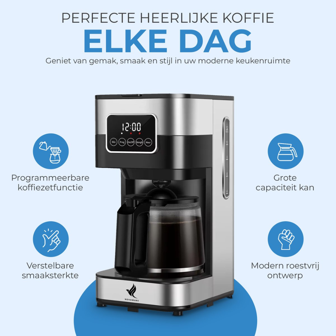 A coffee maker with a glass carafe, digital display, and feature icons.