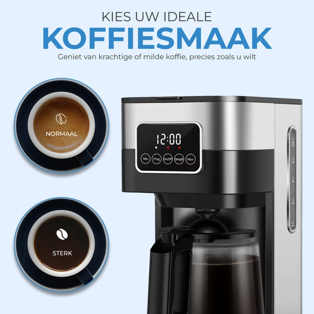Coffee machine with two cups: one normal, one strong. Digital display.