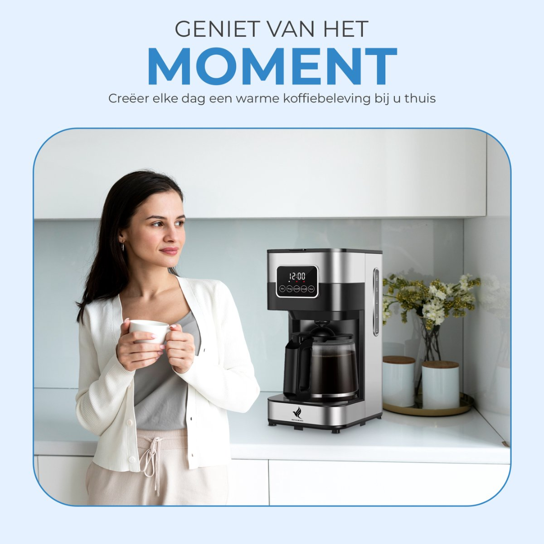 A woman holds a coffee cup, looking thoughtfully. A coffee maker sits beside her.