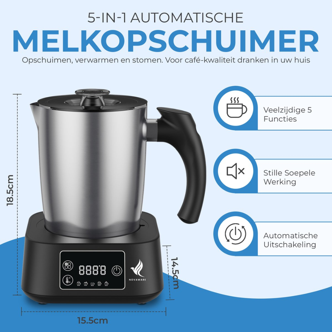 Silver milk frother with black base, 18.5cm tall.