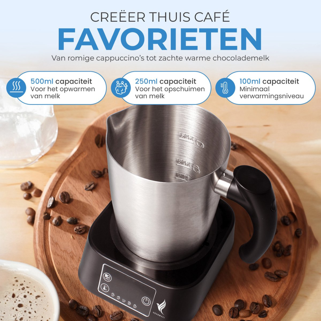 Milk frother with stainless steel jug, coffee, and beans on a wooden board.