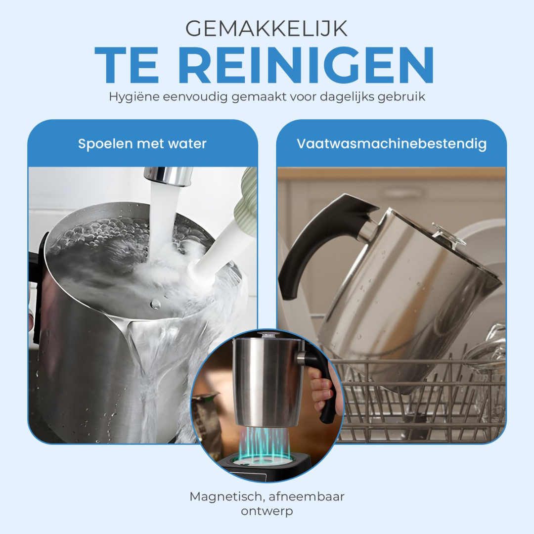 Kettle being rinsed under water and in a dishwasher. Magnetic base shown.