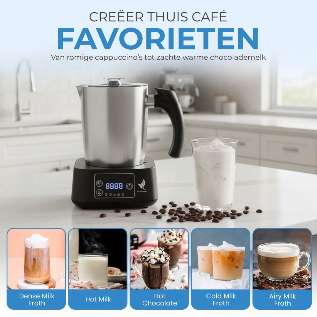 Milk frother with various drinks: Dense Milk Froth, Hot Milk, Hot Chocolate, Cold Milk Froth, Airy Milk Froth.