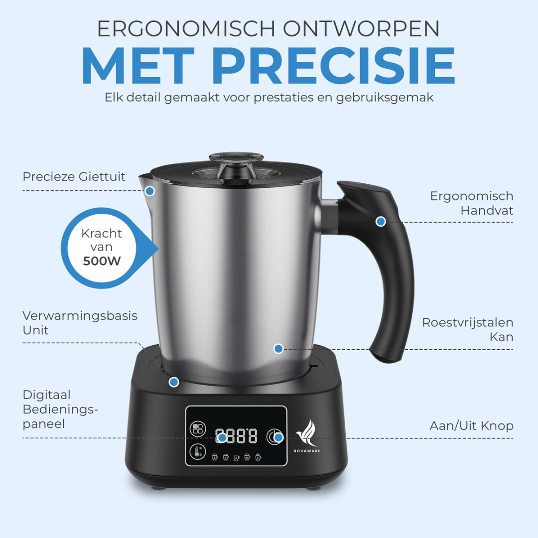 A silver blender with a black base and digital display, designed for precision and ease of use.