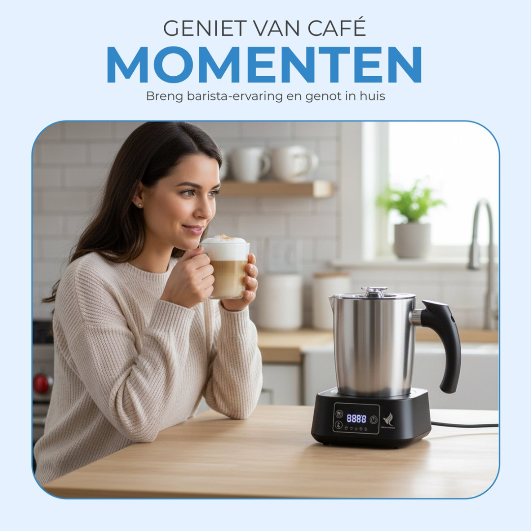 Woman drinks coffee with foam, silver milk frother next to her.