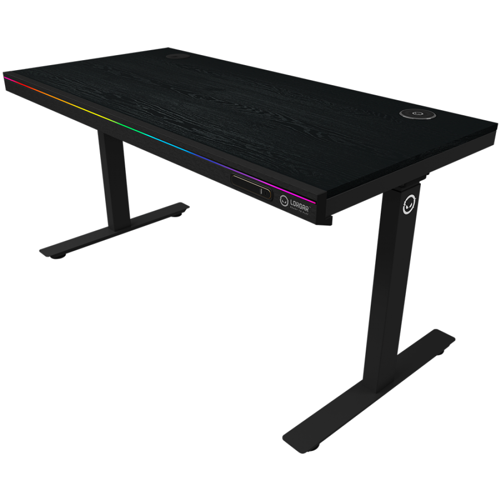 Czarny drewniany biurko z oświetleniem RGB, metalowymi nogami i logo Lorgar.