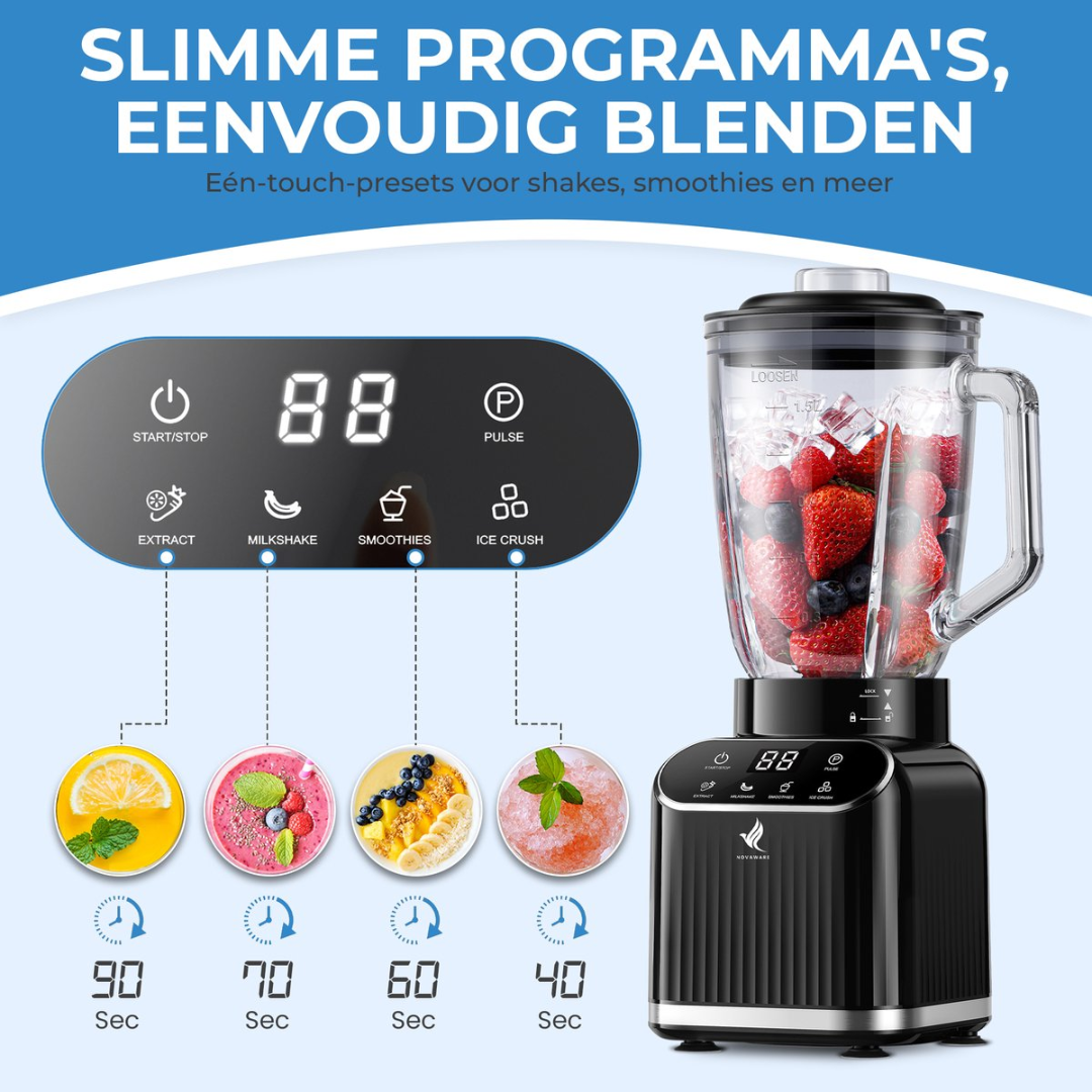 Een zwarte blender met bedieningspaneel, gevuld met bessen en ijs. Vier kleine afbeeldingen tonen bereidingen.