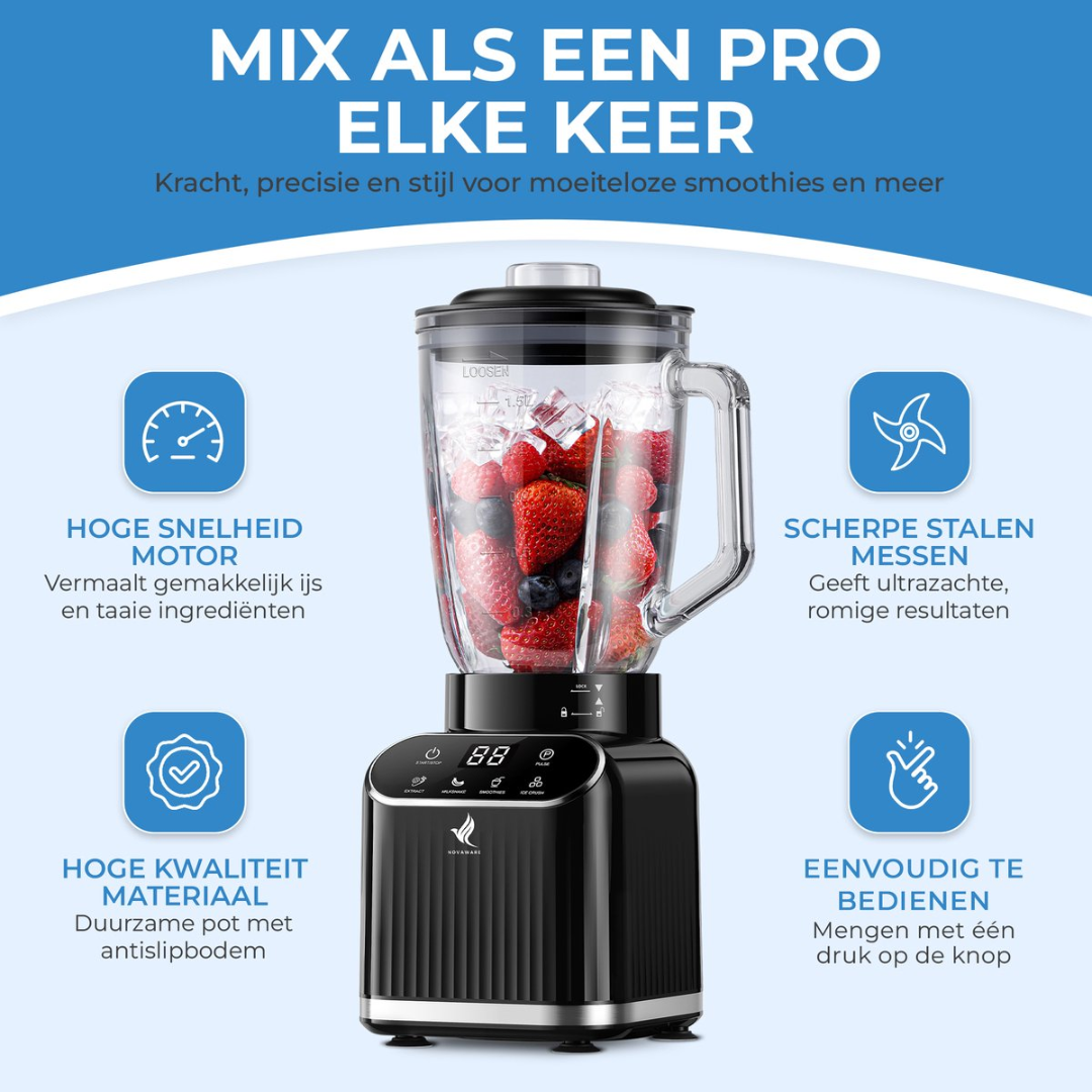 Een zwarte blender gevuld met fruit en ijs, met iconen voor snelheid, kwaliteit, messen & bediening.