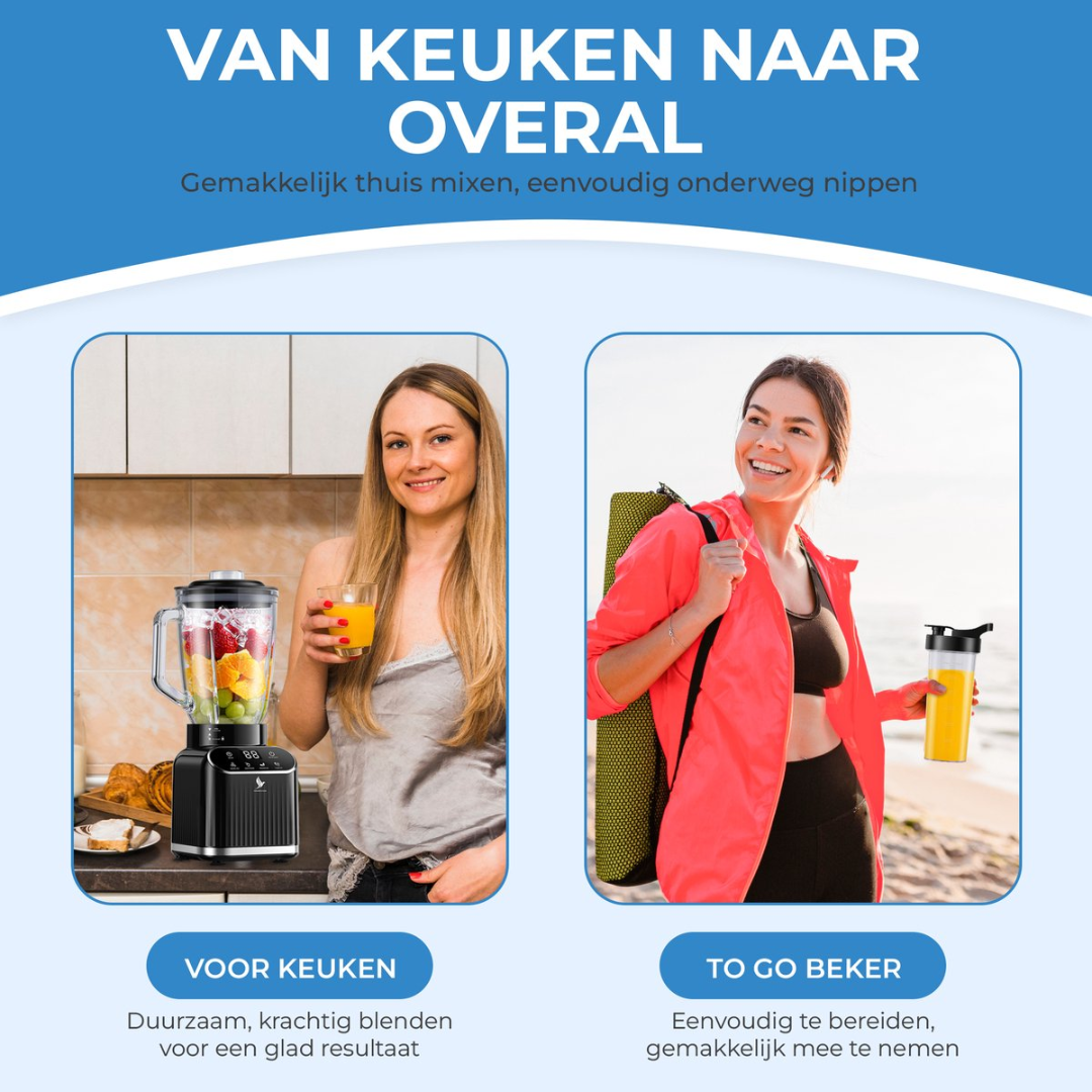 Vrouw met blender en fruit, vrouw met yogamat en beker.